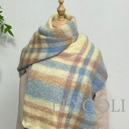 Blue Plaid Mohair Scarf, Winter Warm Shawl (200x37cm)