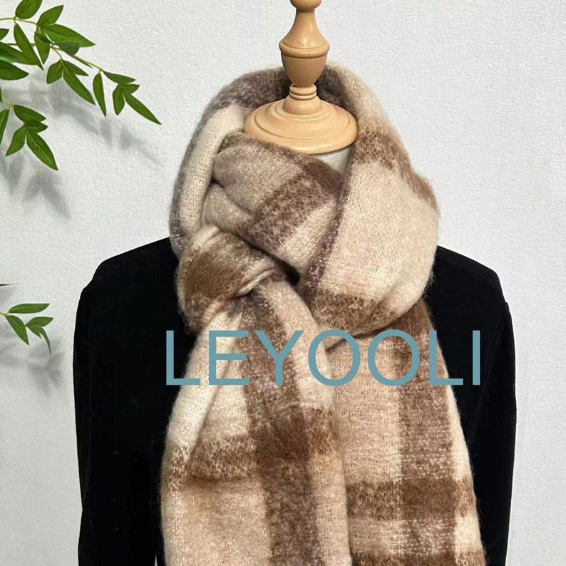 Brown Plaid Tassel Mohair Scarf, Soft Warm Winter Shawl