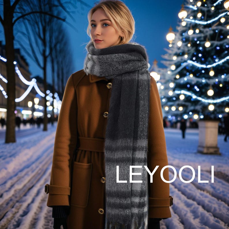 Black Checkered Tassel Mohair Scarf, Warm Plaid Shawl