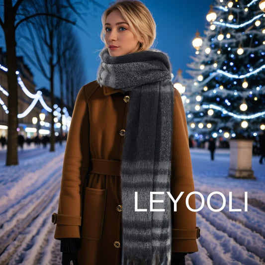 Black Checkered Tassel Mohair Scarf, Warm Plaid Shawl