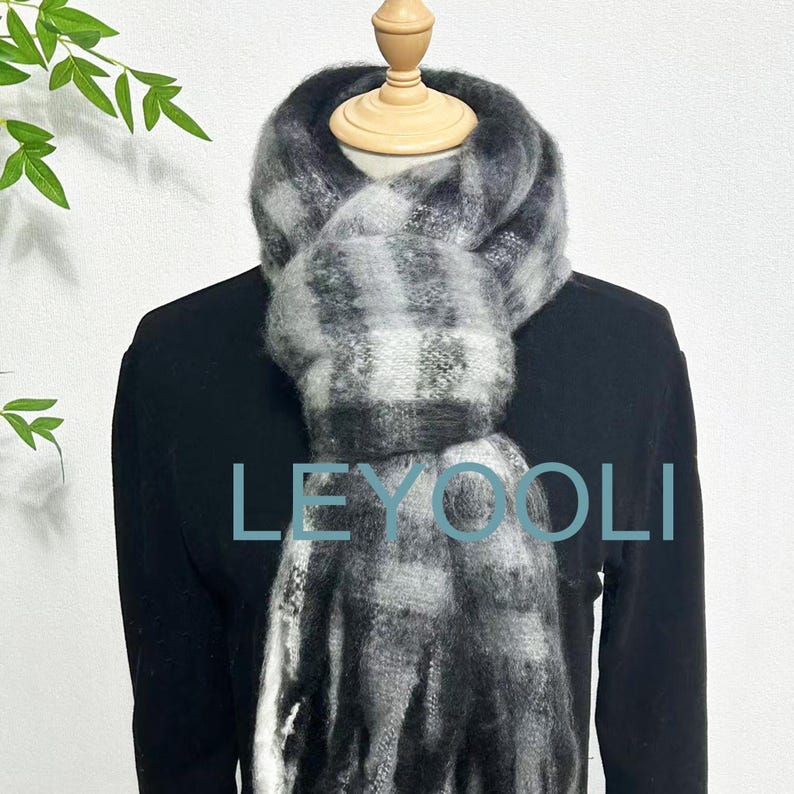 Black Checkered Tassel Mohair Scarf, Warm Plaid Shawl