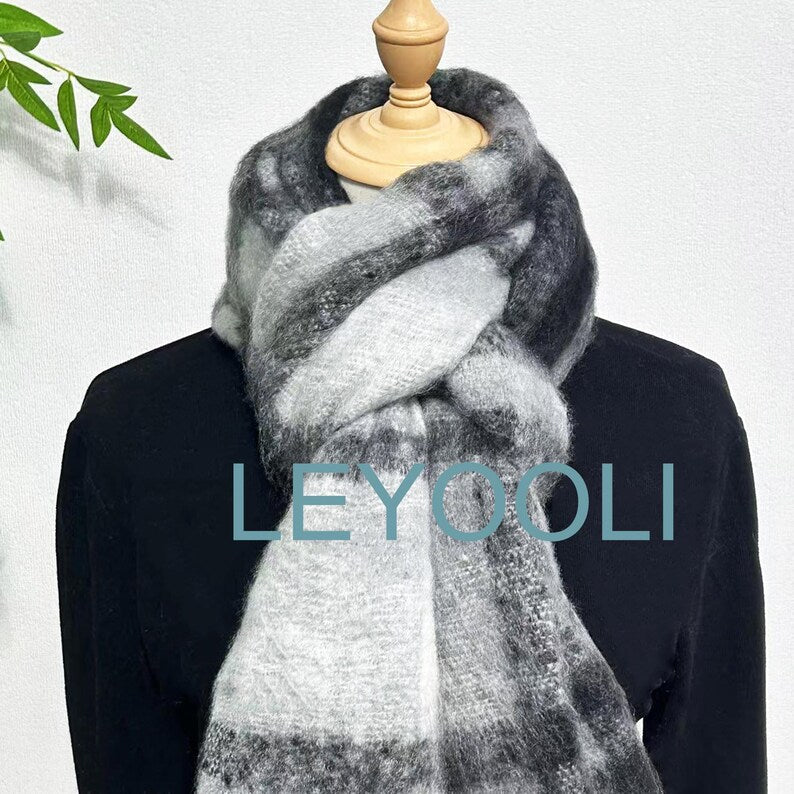 Black Checkered Tassel Mohair Scarf, Warm Plaid Shawl