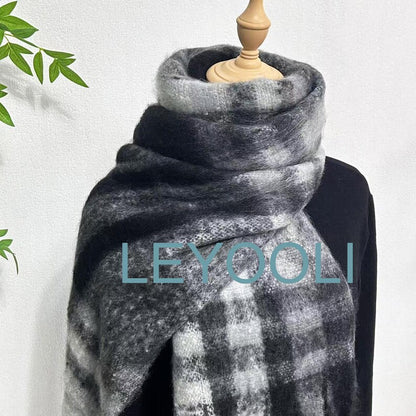 Black Checkered Tassel Mohair Scarf, Warm Plaid Shawl