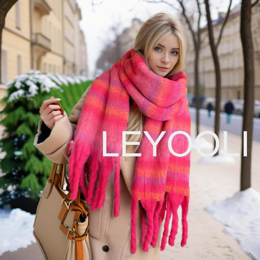 Rose Striped Mohair Tassel Scarf: Soft Warm Winter Shawl