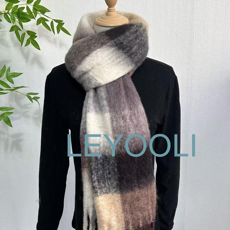 Mohair Plaid Scarf: Warm Wool Blend Shawl (36cm x 200cm)