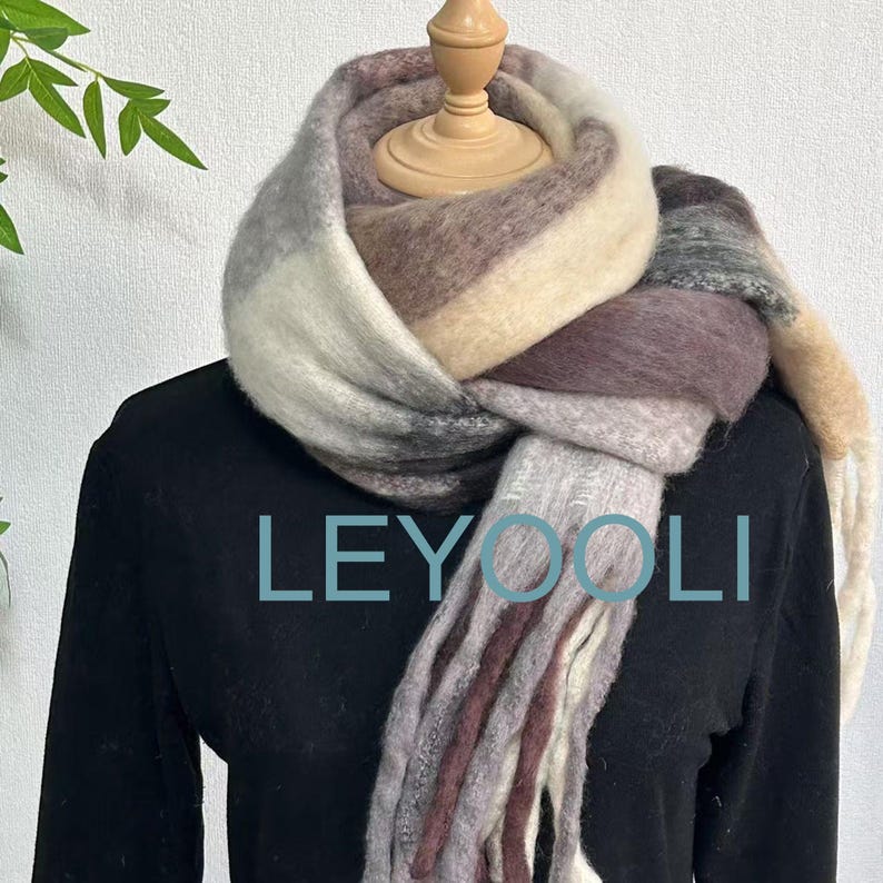 Mohair Plaid Scarf: Warm Wool Blend Shawl (36cm x 200cm)