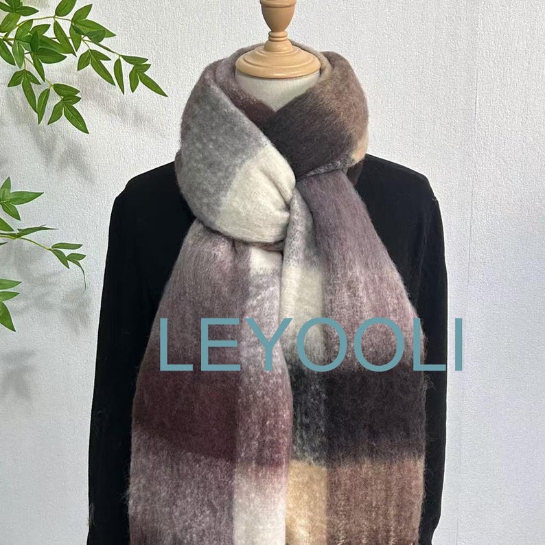 Mohair Plaid Scarf: Warm Wool Blend Shawl (36cm x 200cm)