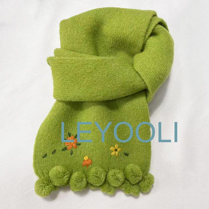 Embroidery small flower knitted scarf, cute scarf, knitted woolen scarf, winter cute warm scarf