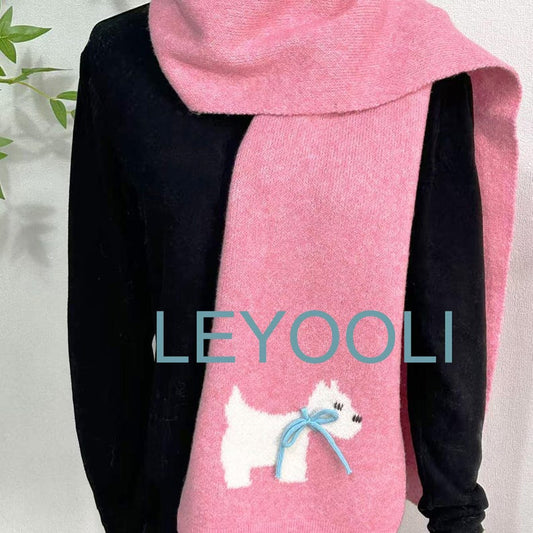 Handmade Knitted Puppy Scarf, Pink Cartoon Bow, Winter Warm Scarf