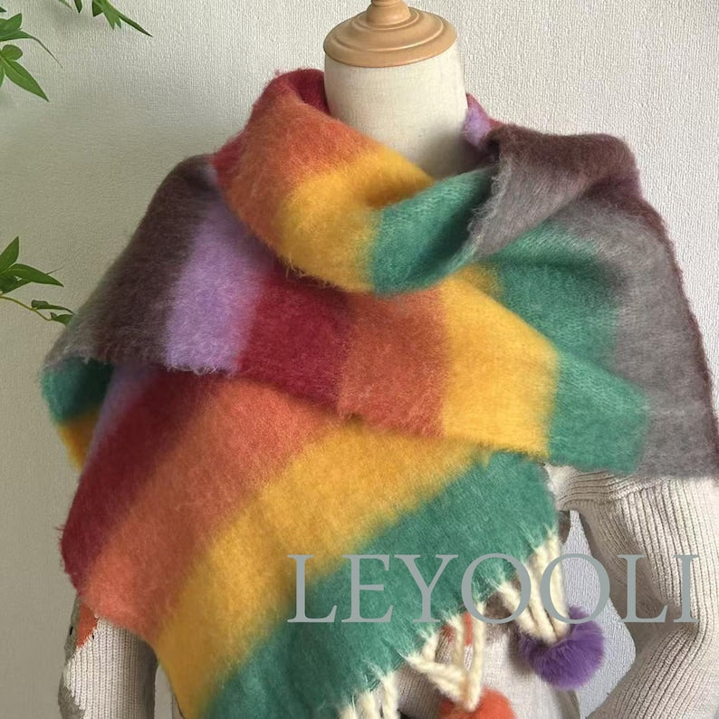 Rainbow Stripe Mohair Scarf, Fur Ball Tassel, Winter Accessory
