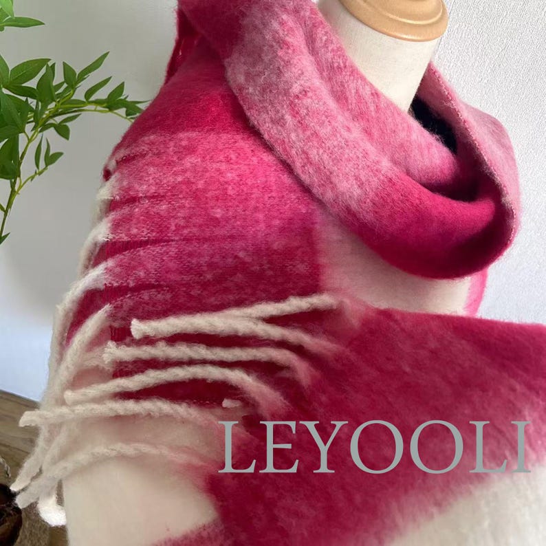 Handmade Rose Plaid Mohair Scarf: Gradient Pink White Tassel Scarf