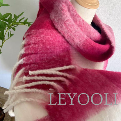 Handmade Rose Plaid Mohair Scarf: Gradient Pink White Tassel Scarf