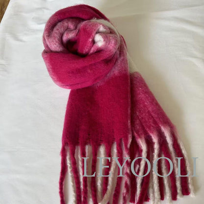 Handmade Rose Plaid Mohair Scarf: Gradient Pink White Tassel Scarf