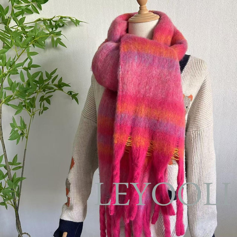 Rose Striped Mohair Tassel Scarf: Soft Warm Winter Shawl