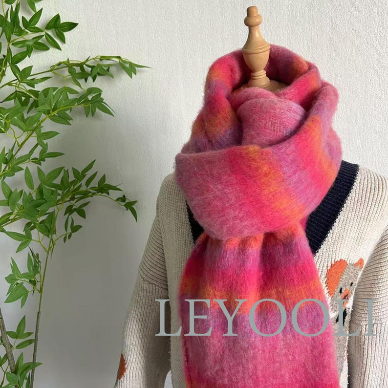 Rose Striped Mohair Tassel Scarf: Soft Warm Winter Shawl