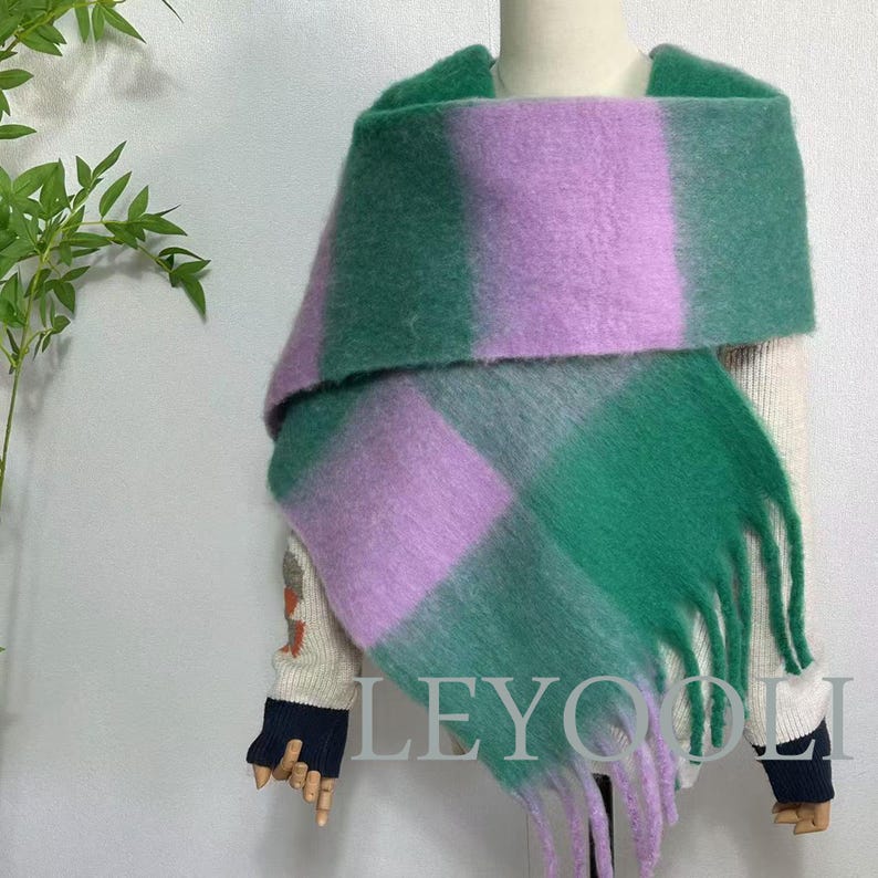 Handmade Green Purple Plaid Mohair Scarf, Gradient Fringe Shawl