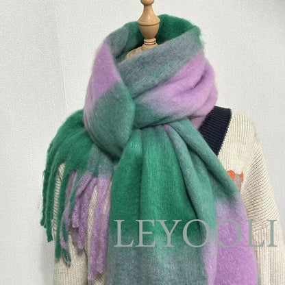 Handmade Green Purple Plaid Mohair Scarf, Gradient Fringe Shawl