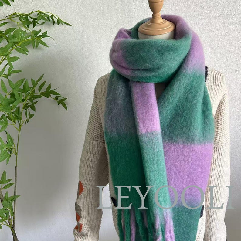 Handmade Green Purple Plaid Mohair Scarf, Gradient Fringe Shawl
