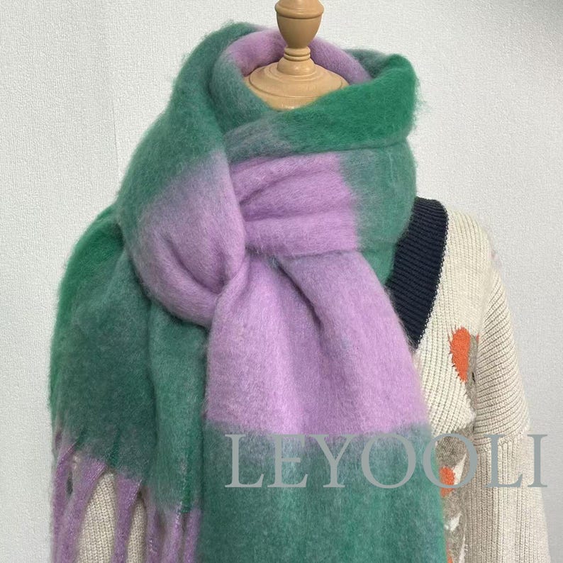 Handmade Green Purple Plaid Mohair Scarf, Gradient Fringe Shawl