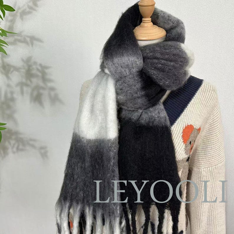 Plaid Mohair Scarf, Black White Gray Gradient, Winter Shawl with Fringe
