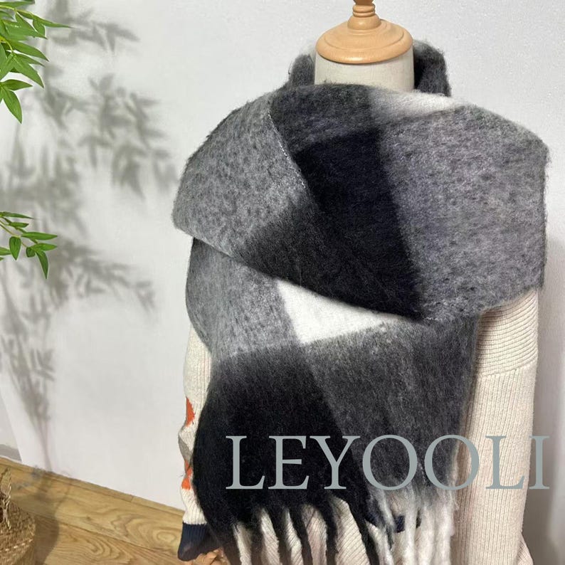 Plaid Mohair Scarf, Black White Gray Gradient, Winter Shawl with Fringe