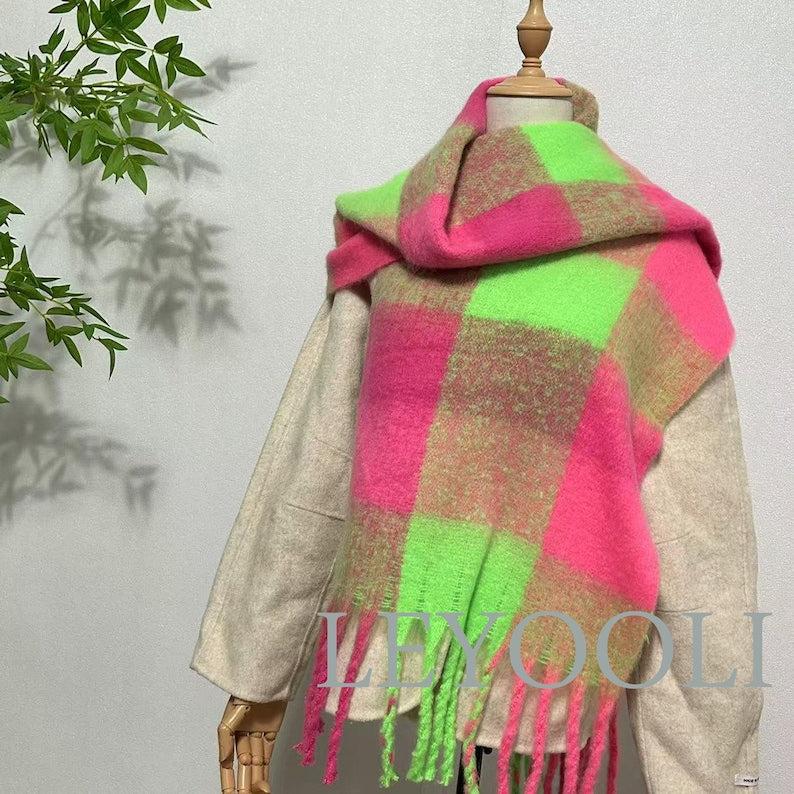 Mohair Plaid Scarf: Bright Pink & Green, Warm Winter Shawl