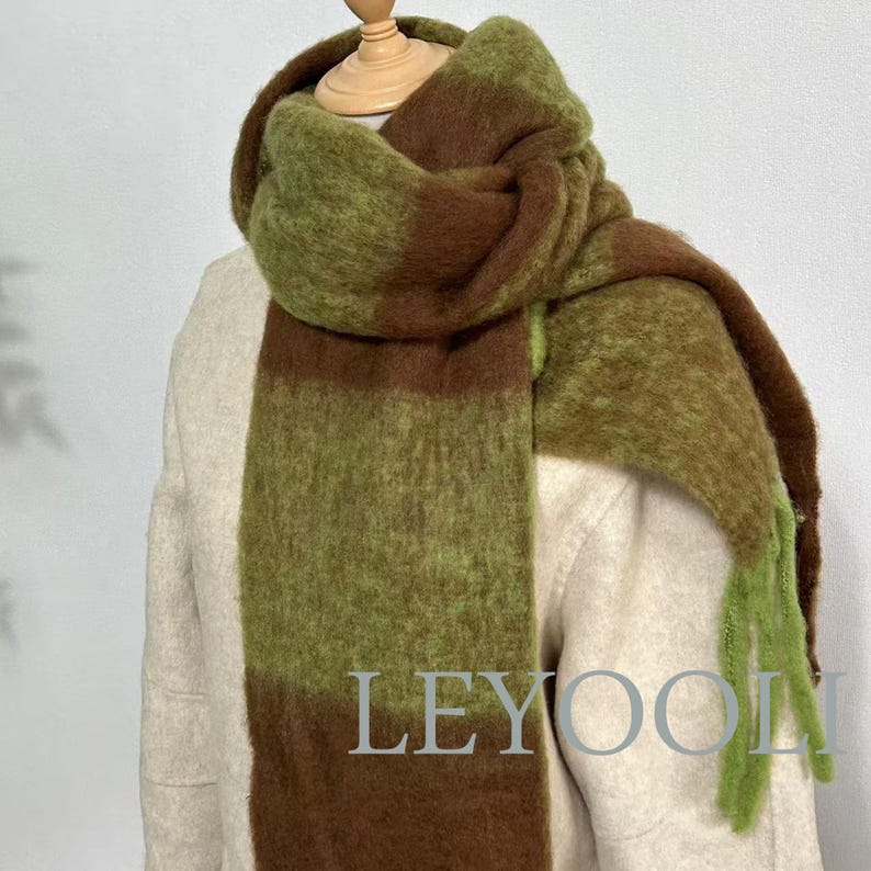 Green Brown Plaid Mohair Scarf: Soft Winter Shawl with Fringe