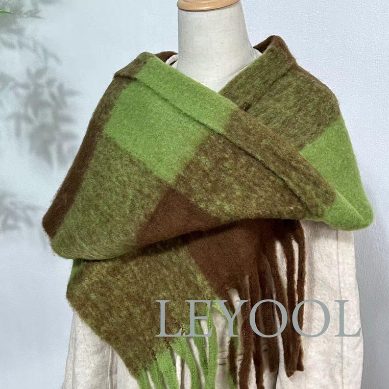 Green Brown Plaid Mohair Scarf: Soft Winter Shawl with Fringe