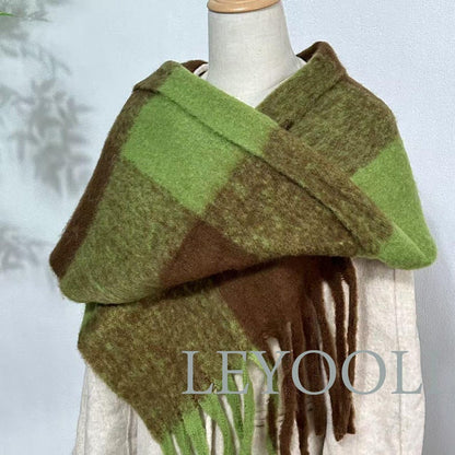 Green Brown Plaid Mohair Scarf: Soft Winter Shawl with Fringe