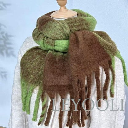 Green Brown Plaid Mohair Scarf: Soft Winter Shawl with Fringe