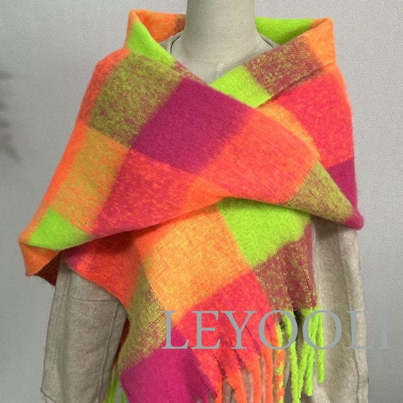 Hand Knitted Mohair Scarf, Fluorescent Plaid, Winter Warm Scarf