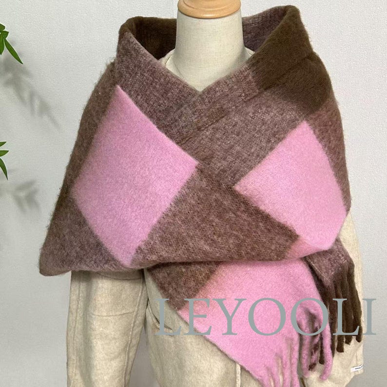 Plaid Mohair Scarf, Brown Pink Tassel Scarf, Winter Fashion