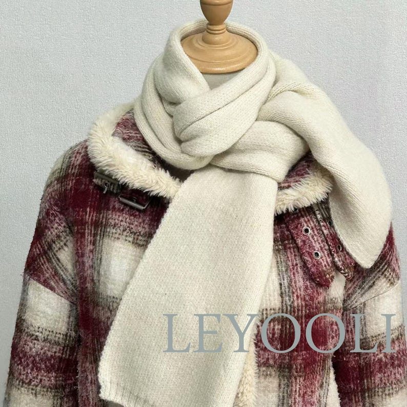 Hand Knitted White Scarf, Cotton Yarn, Warm Winter Scarf (165x22cm)