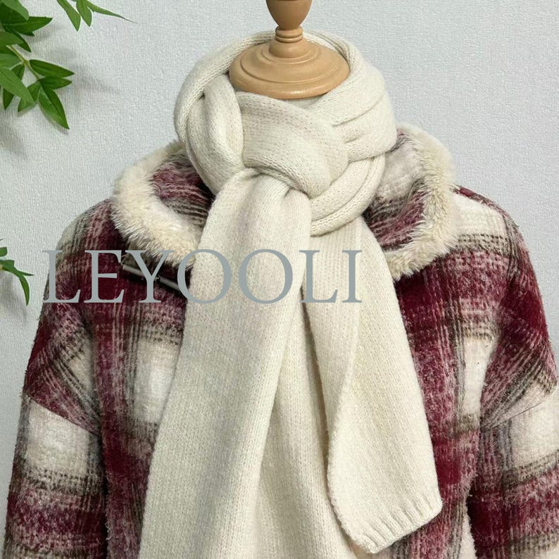 Hand Knitted White Scarf, Cotton Yarn, Warm Winter Scarf (165x22cm)