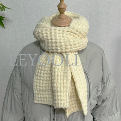 Hand Knitted White Scarf, Cotton Yarn, Warm Winter Scarf