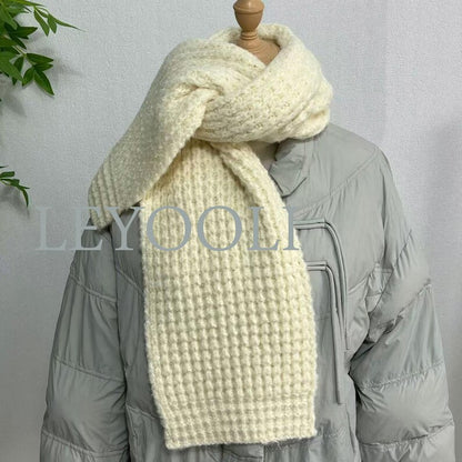 Hand Knitted White Scarf, Cotton Yarn, Warm Winter Scarf