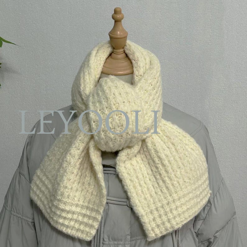 Hand Knitted White Scarf, Cotton Yarn, Warm Winter Scarf