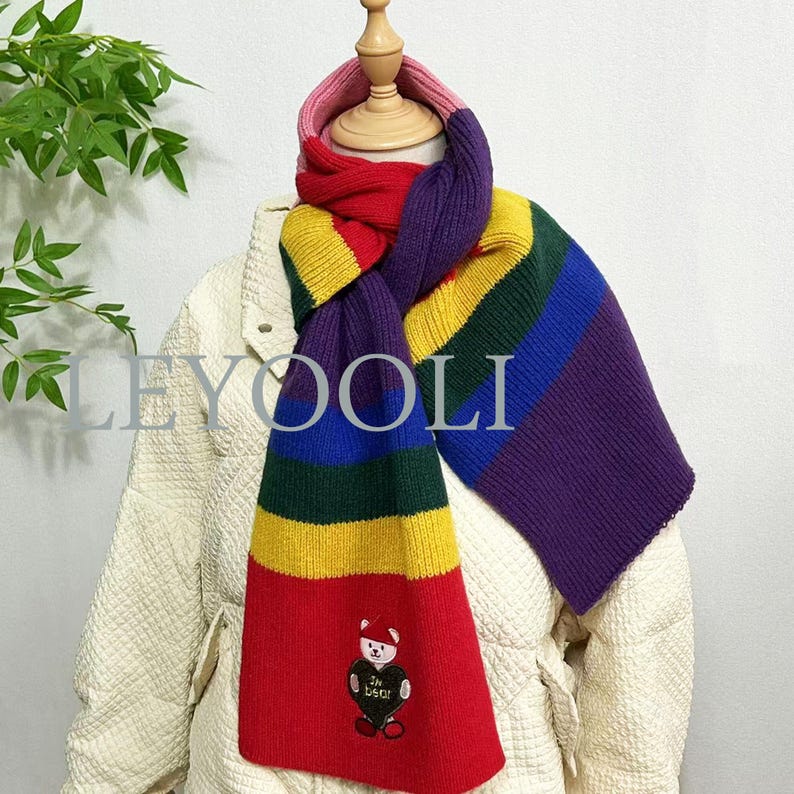 Rainbow Striped Knitted Bear Scarf, Christmas Gift