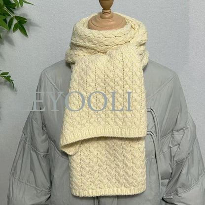 White Knitted Twist Scarf, Soft Cotton Blend, Winter Warmth