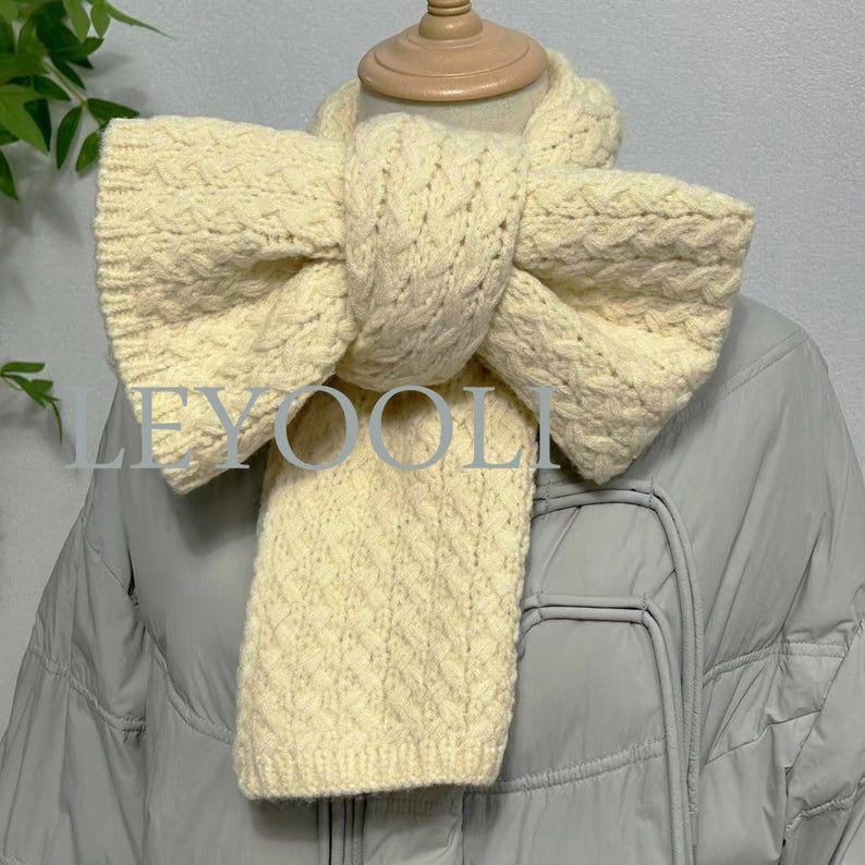 White Knitted Twist Scarf, Soft Cotton Blend, Winter Warmth