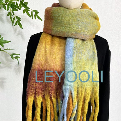Rainbow Mohair Plaid Scarf: Yellow Tassel Shawl