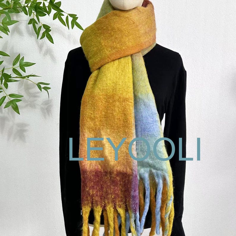 Rainbow Mohair Plaid Scarf: Yellow Tassel Shawl