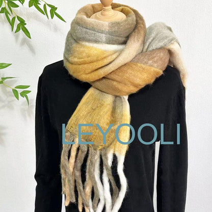 Brown Mohair Plaid Scarf, Autumn Winter Shawl (37cm x 210cm)