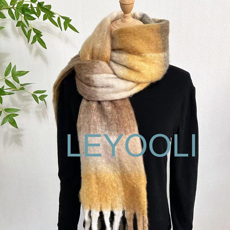 Brown Mohair Plaid Scarf, Autumn Winter Shawl (37cm x 210cm)