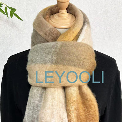 Brown Mohair Plaid Scarf, Autumn Winter Shawl (37cm x 210cm)