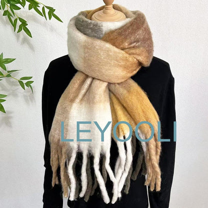 Brown Mohair Plaid Scarf, Autumn Winter Shawl (37cm x 210cm)