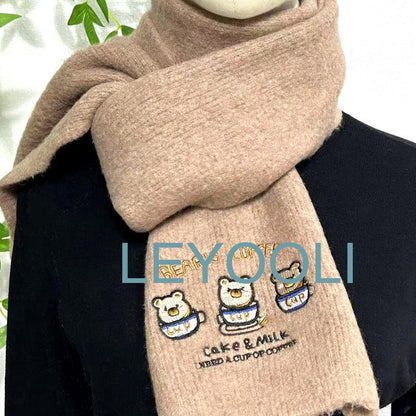Cute Bear Wool Knitted Scarf, Cartoon Embroidery Scarf, New Cute Warm Wool Scarf, Gift for Girlfriend, Winter Warm Scarf
