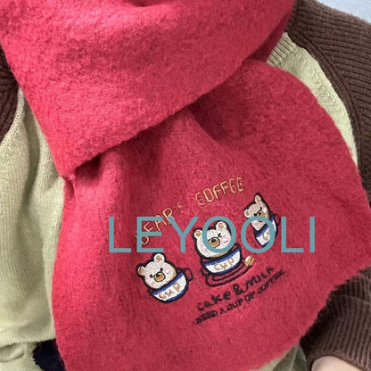 Cute Bear Wool Knitted Scarf, Cartoon Embroidery Scarf, New Cute Warm Wool Scarf, Gift for Girlfriend, Winter Warm Scarf