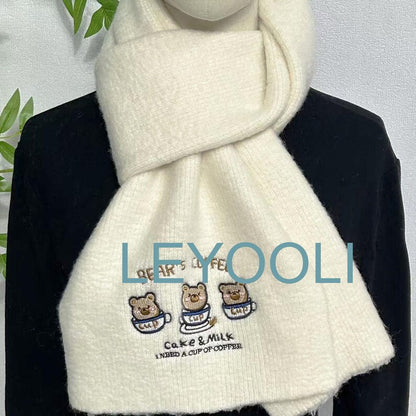 Cute Bear Wool Knitted Scarf, Cartoon Embroidery Scarf, New Cute Warm Wool Scarf, Gift for Girlfriend, Winter Warm Scarf