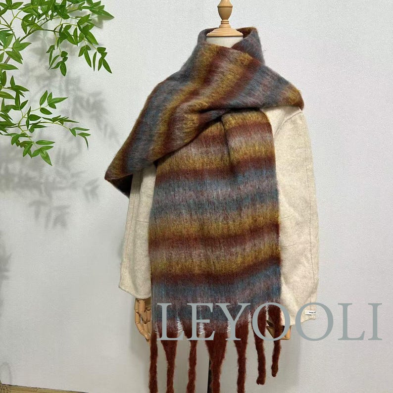Mohair Gradient Plaid Scarf | Warm Winter Shawl with Tassels